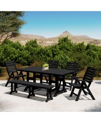6-Piece HDPE Rectangular Patio Dining Table Set with Foldable Chairs and Patio Bench