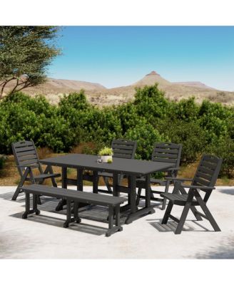 6-Piece HDPE Rectangular Patio Dining Table Set with Foldable Chairs and Patio Bench