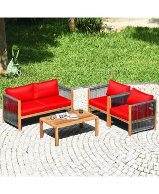 8PCS Patio Outdoor Furniture Conversation Set  Acacia Wood W/ Cushions