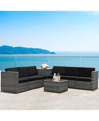8 Piece Rattan Outdoor Patio Sofa Sectional Conversation Furniture Set w/ Cushions & Coffee Table