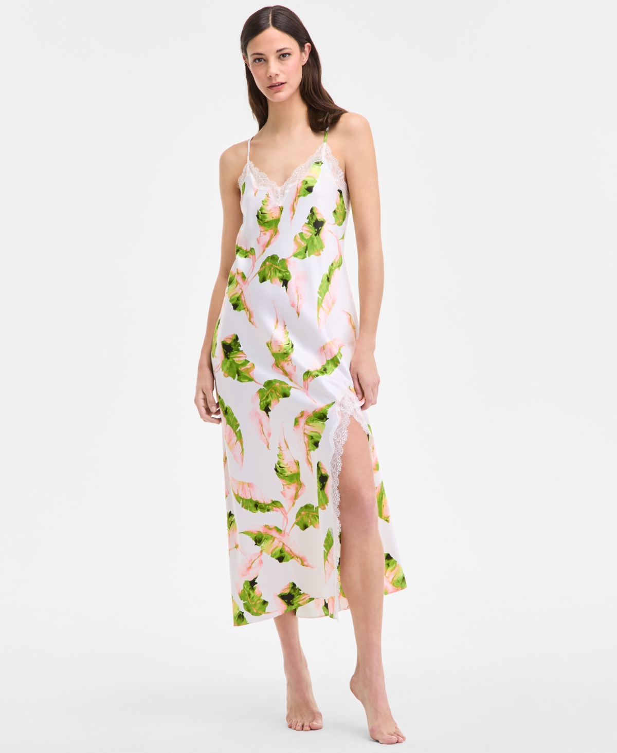 Inc International Concepts Women's Lace-trim Satin Nightgown, Exclusively At Macy's In White