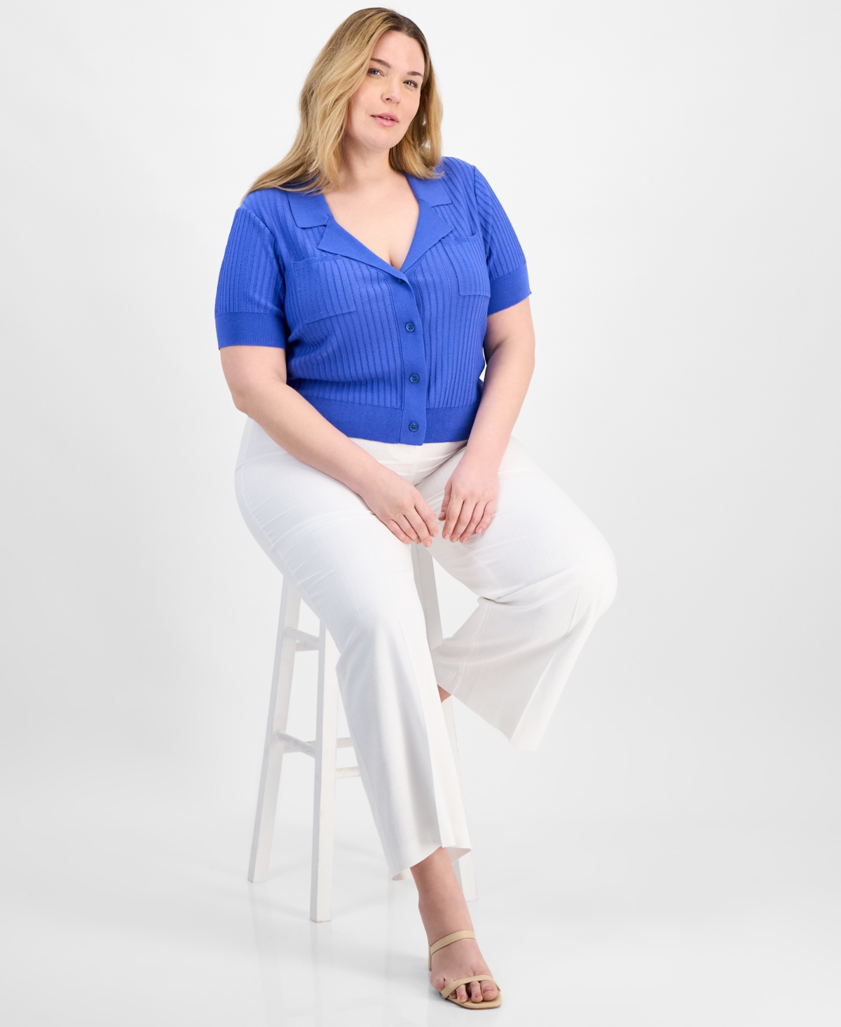 Tahari Asl Plus Size Short-sleeve Pointelle Cardigan In Pacific Blue