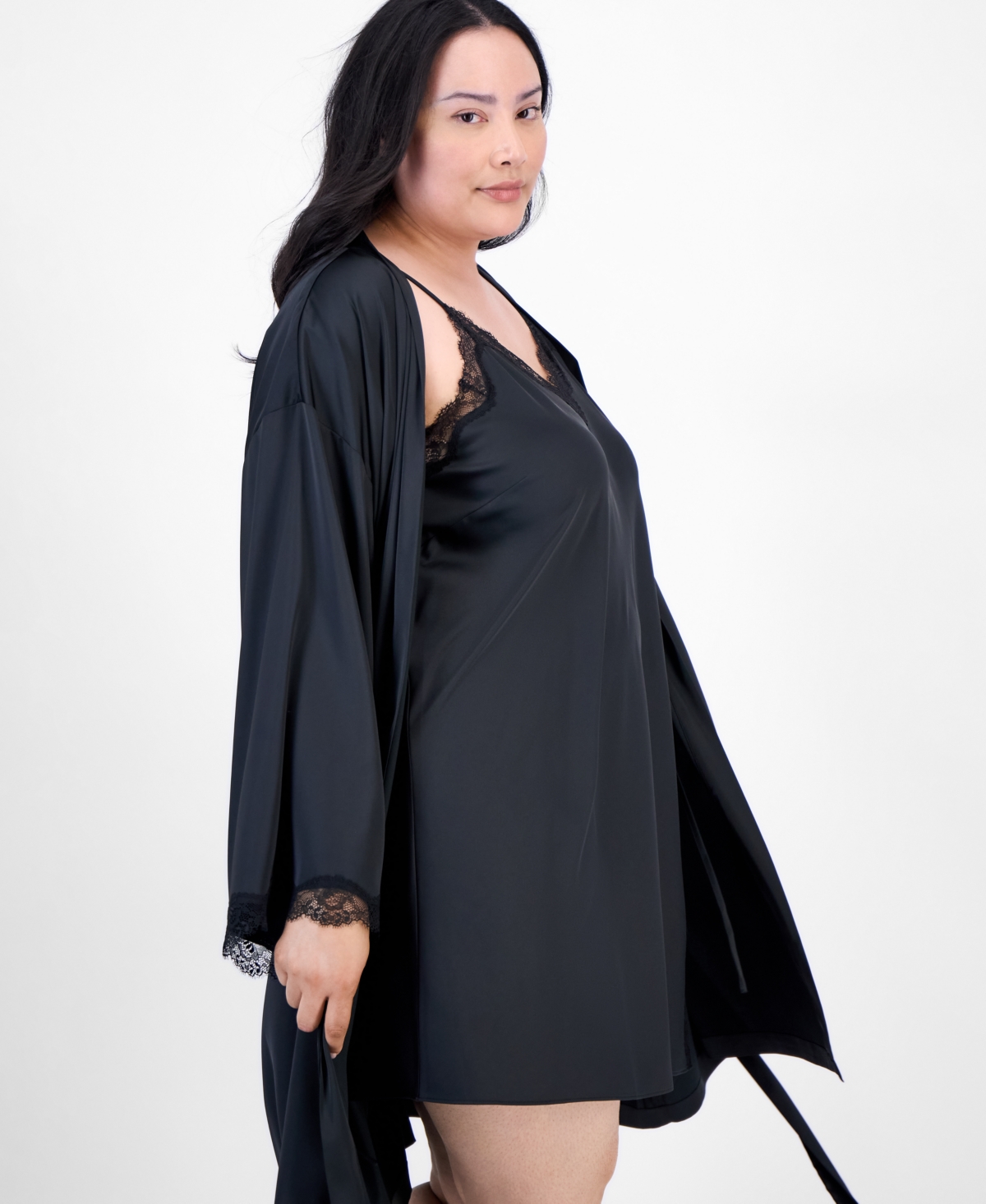 Inc International Concepts Plus Size Lace-trim Satin Wrap Robe, Exclusively At Macy's