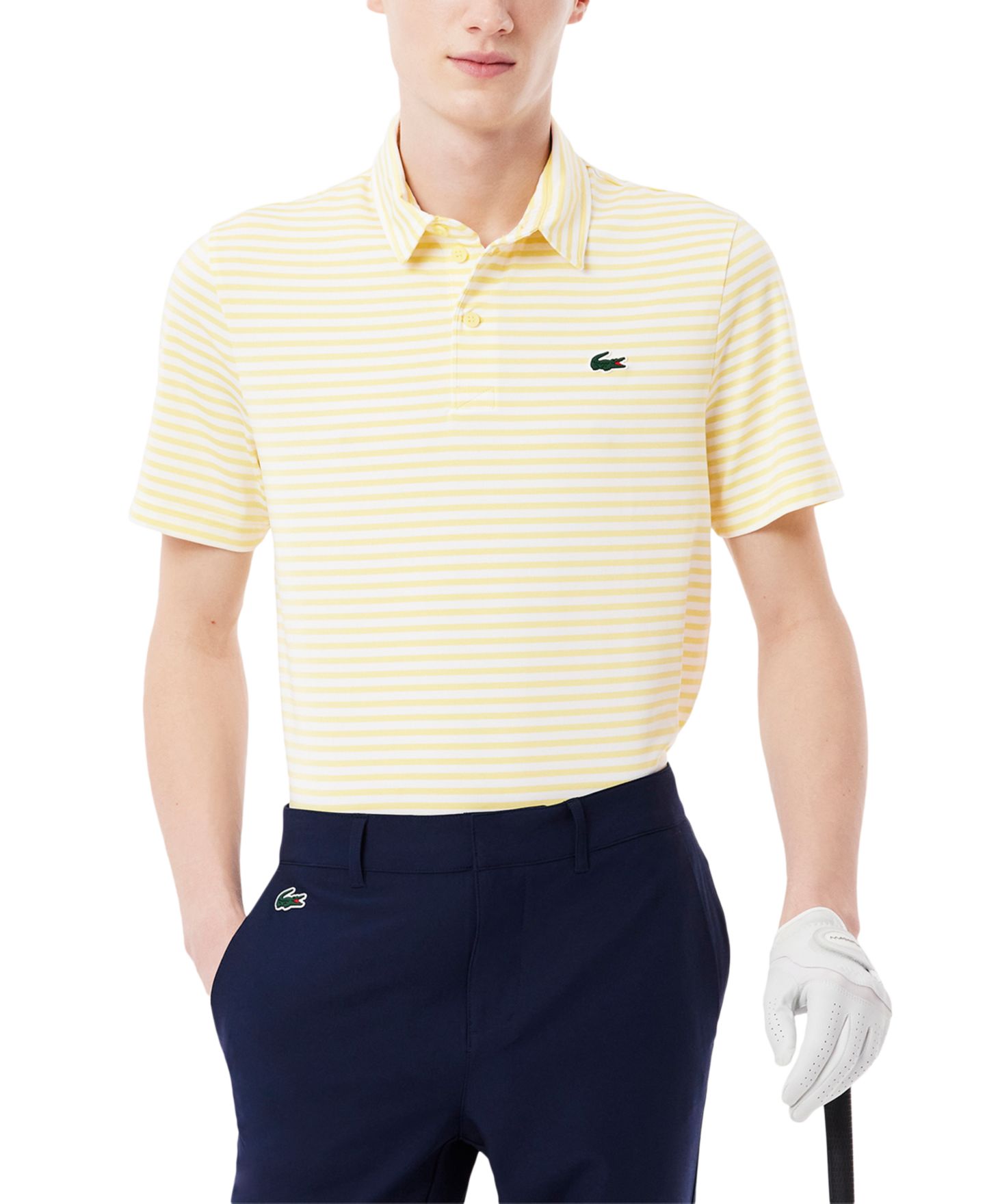 Мужское поло Lacoste Short Sleeve Striped Performance Polo Shirt, цвет: Белый / Жёлтый — фото 1