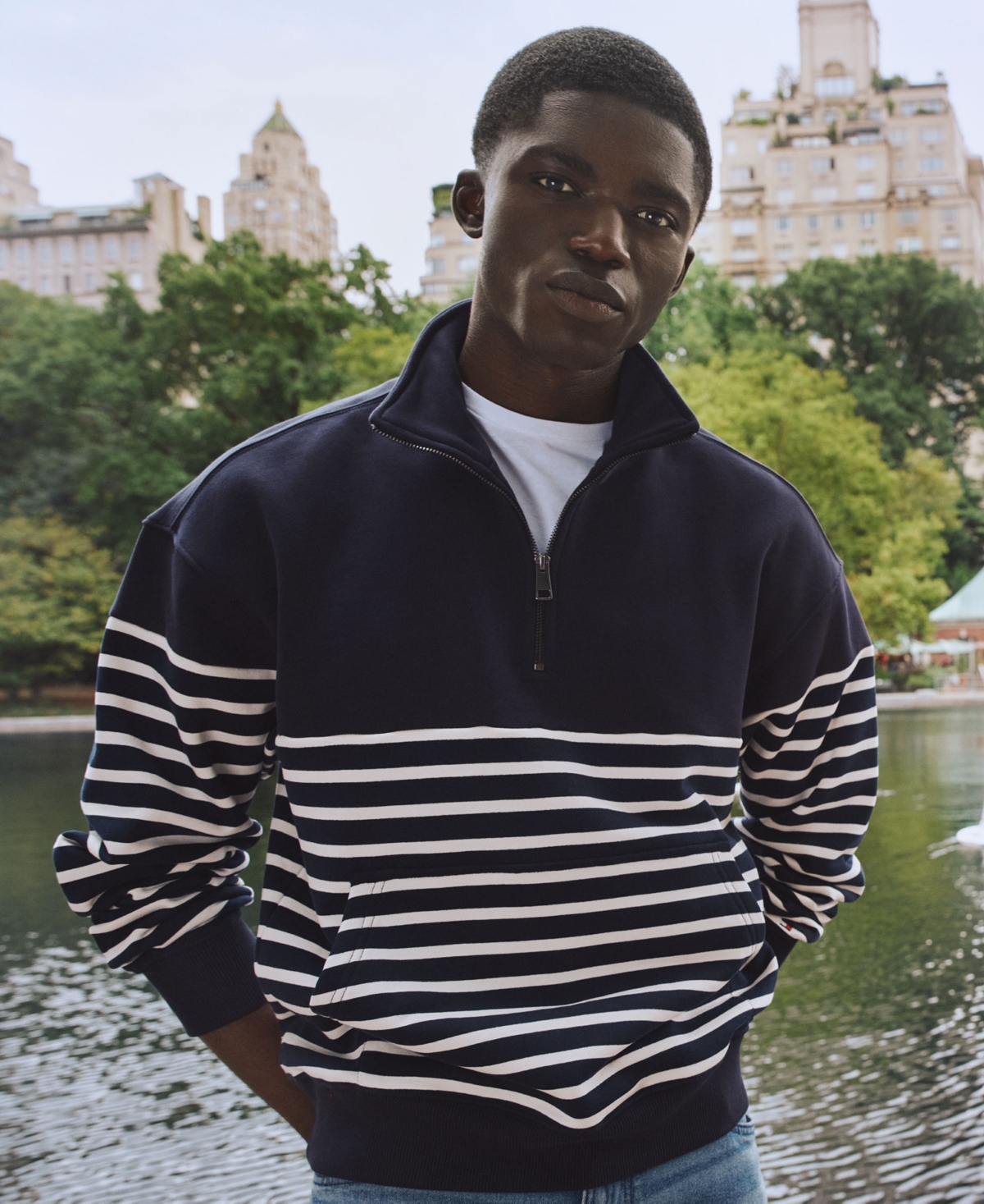 Men's Quarter-Zip Stripe Sweatshirt - Desert Sky/ Ivory Petal