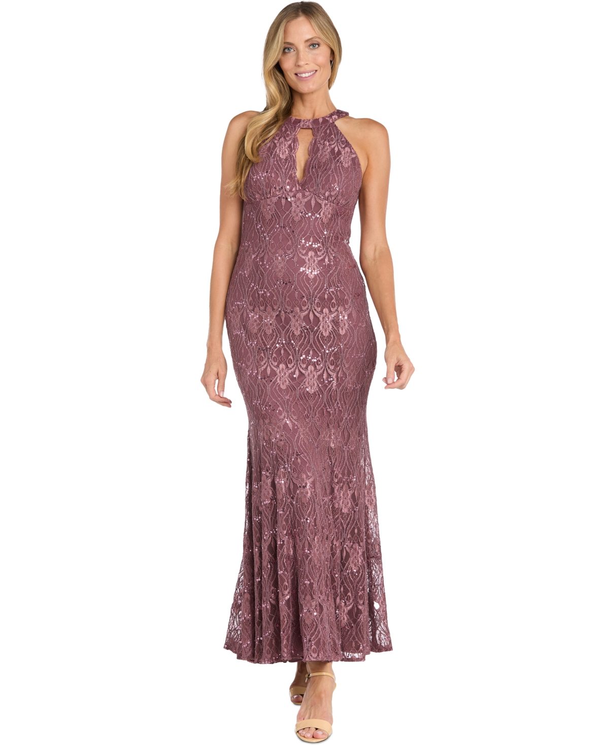 Women's Sequin Lace Keyhole Halter Gown - Dark Rose