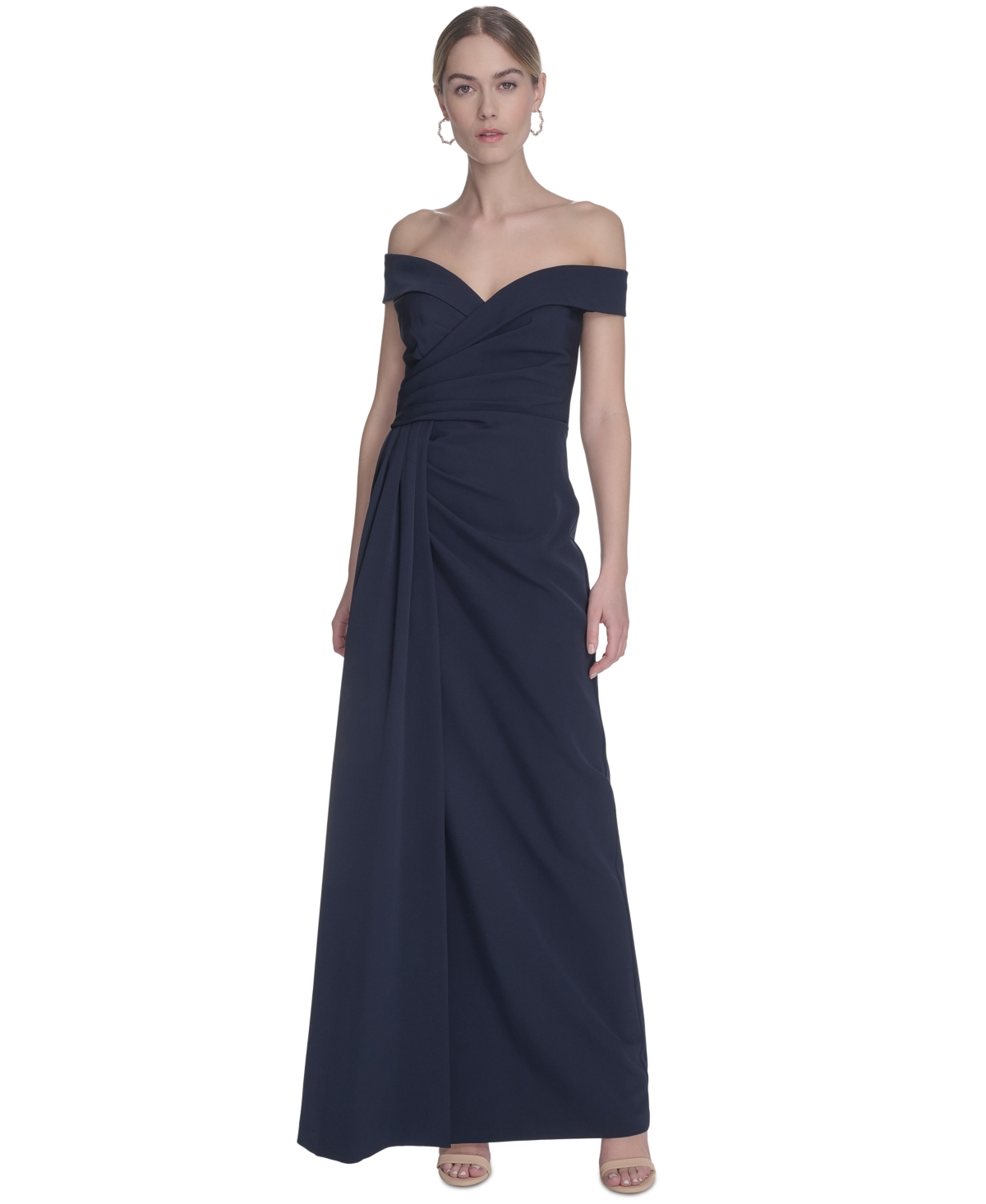 ELIZA J PETITE OFF-THE-SHOULDER SIDE-DRAPE CREPE GOWN 