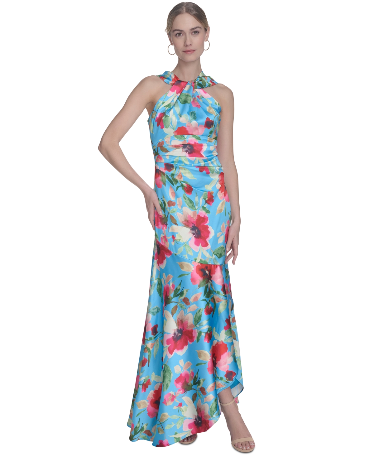 Shop Eliza J Women's Floral-print Twist-front Halter Gown In Aqua Multi