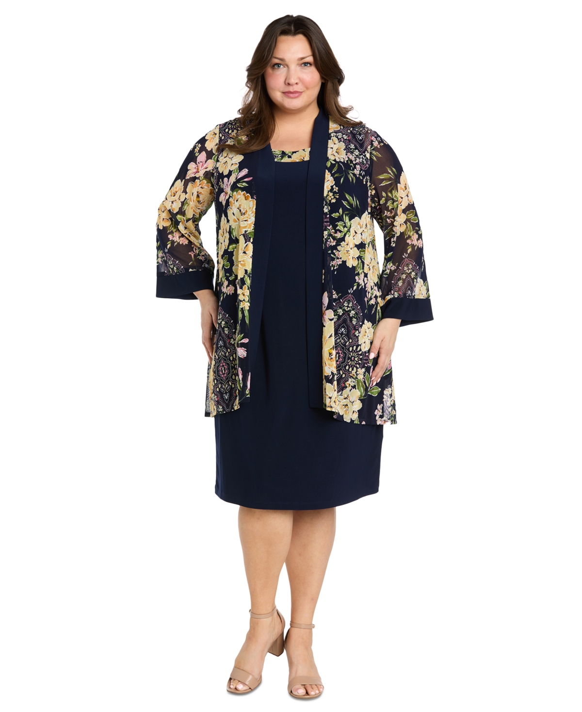 Plus Size 2-Pc. Floral-Print Jacket & Dress Set - Navy Yellow