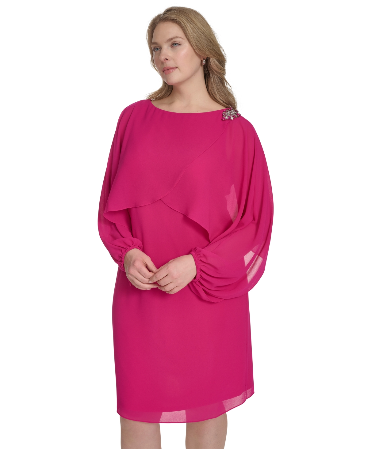 Jessica Howard Plus Size Embellished Capelet Dress In Fuchsia