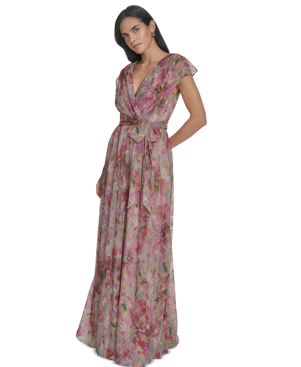 Jessica Howard Plus Size V-neck Shoulder-drape Gown In Poppy Multi