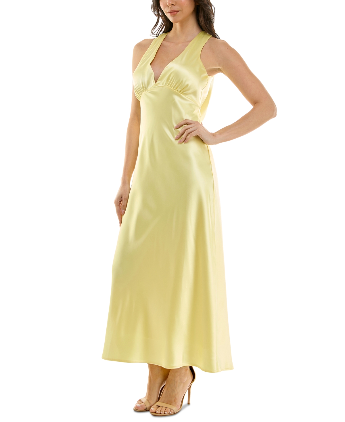 Emerald Sundae Juniors' V-neck A-line Satin Midi Dress In Butter
