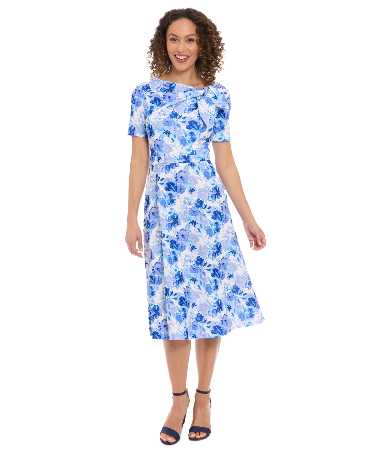 London Times Petite Floral-print Bow-neck Midi Dress
