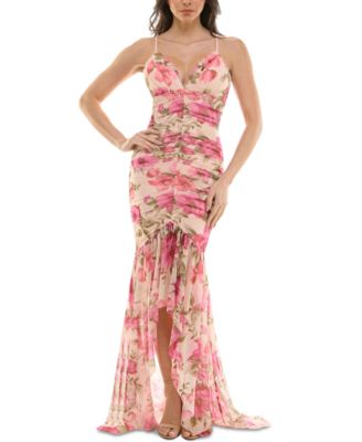 KATIA RAE - Juniors' Printed Ruched High-Low Ruffled Gown
