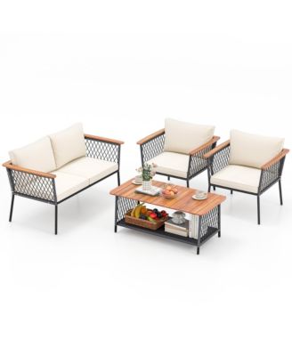 Set of 4 Furniture Set w/2-Tier Coffee Table Acacia Wood Armrests Tabletop