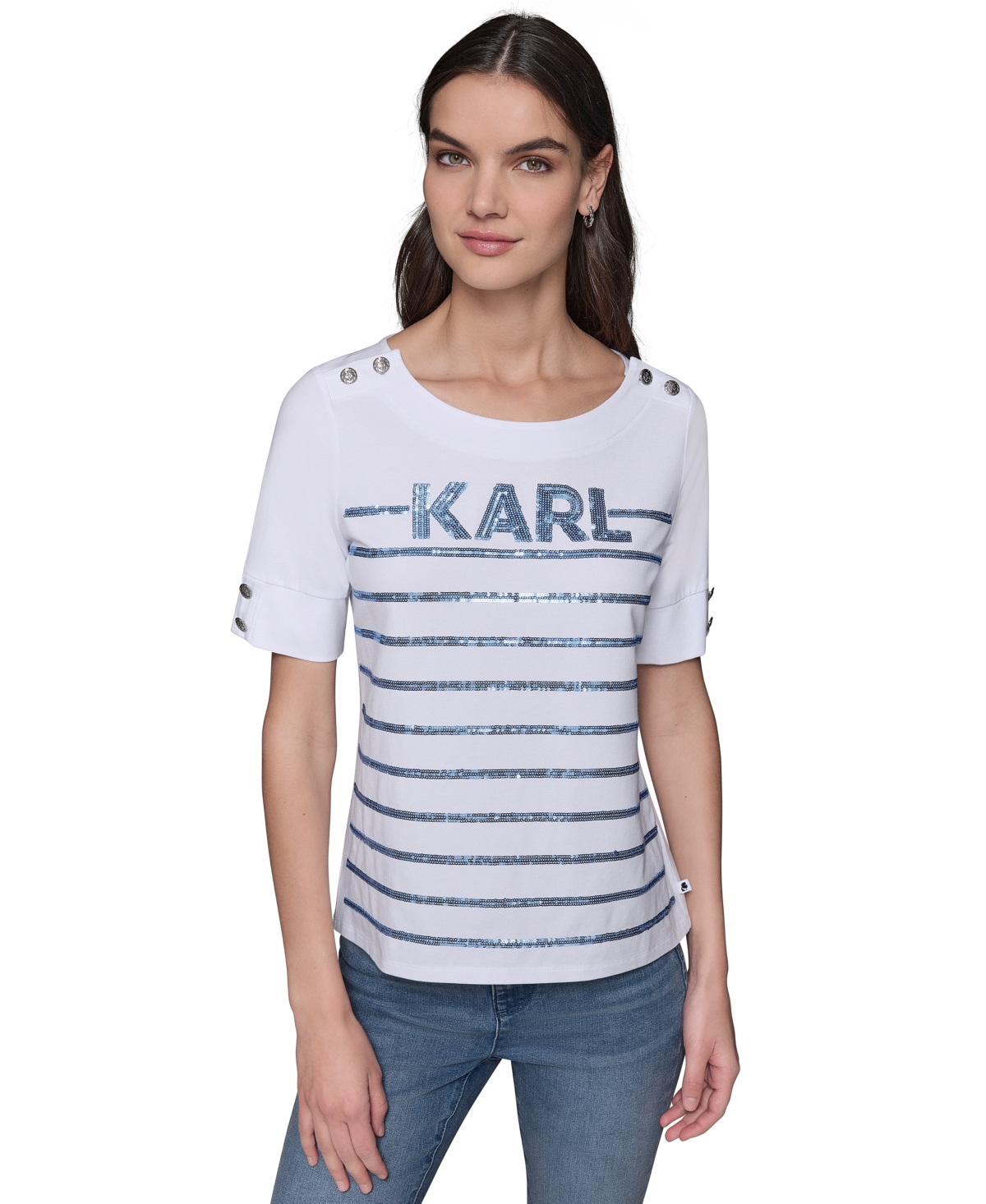 Karl Lagerfeld Women's Embellished Stripe Crewneck Tee In White,blue
