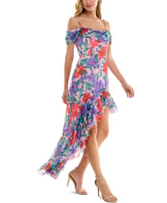 Juniors' Floral-Print Cold-Shoulder Ruffle-Trim Dress