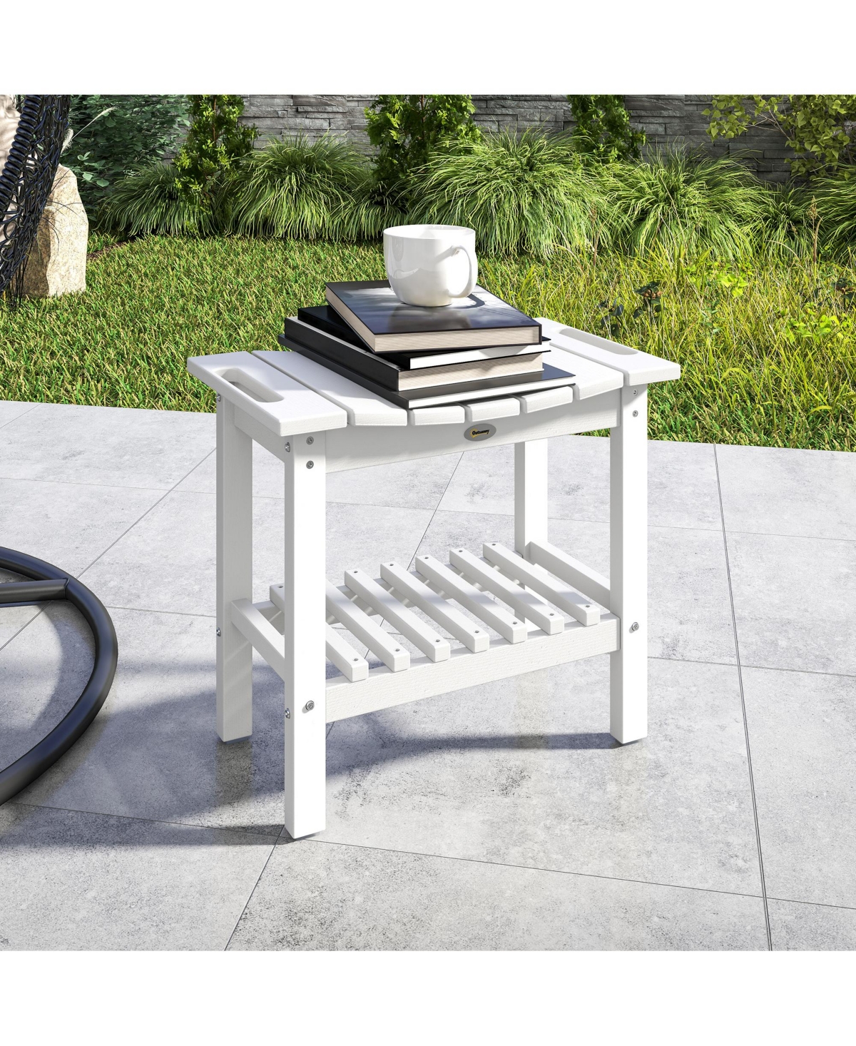 Outsunny 2-Tier Outdoor Side Table, Shower Bench with Handles