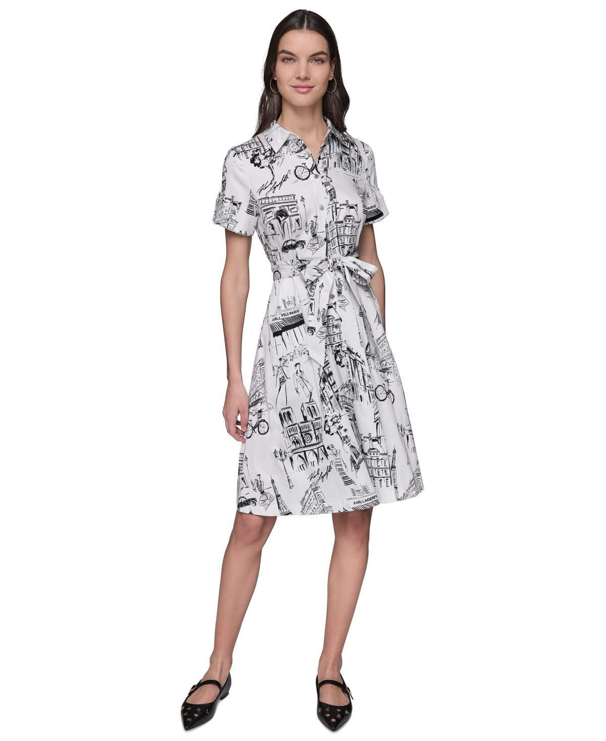 Petite Short-Sleeve Shirtdress - Soft White/Black