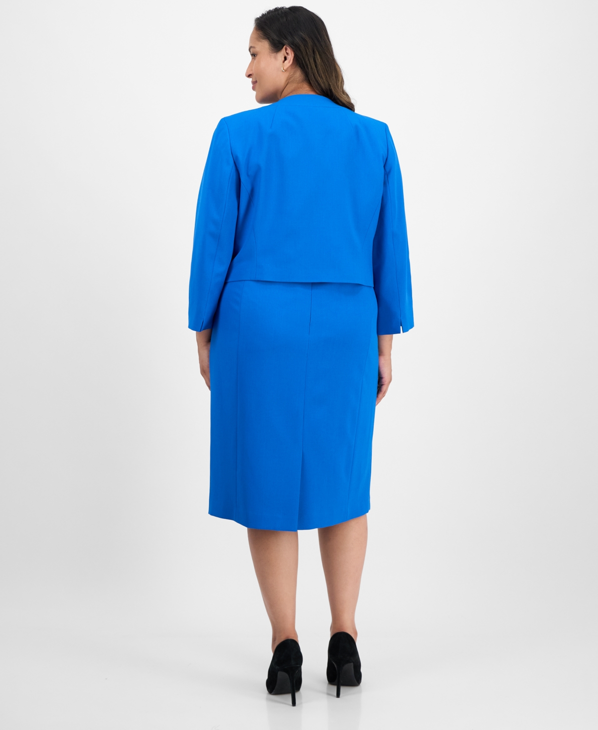 Le Suit Plus Size Open-front Collarless Jacket And Sheath Dress Suit In Blue
