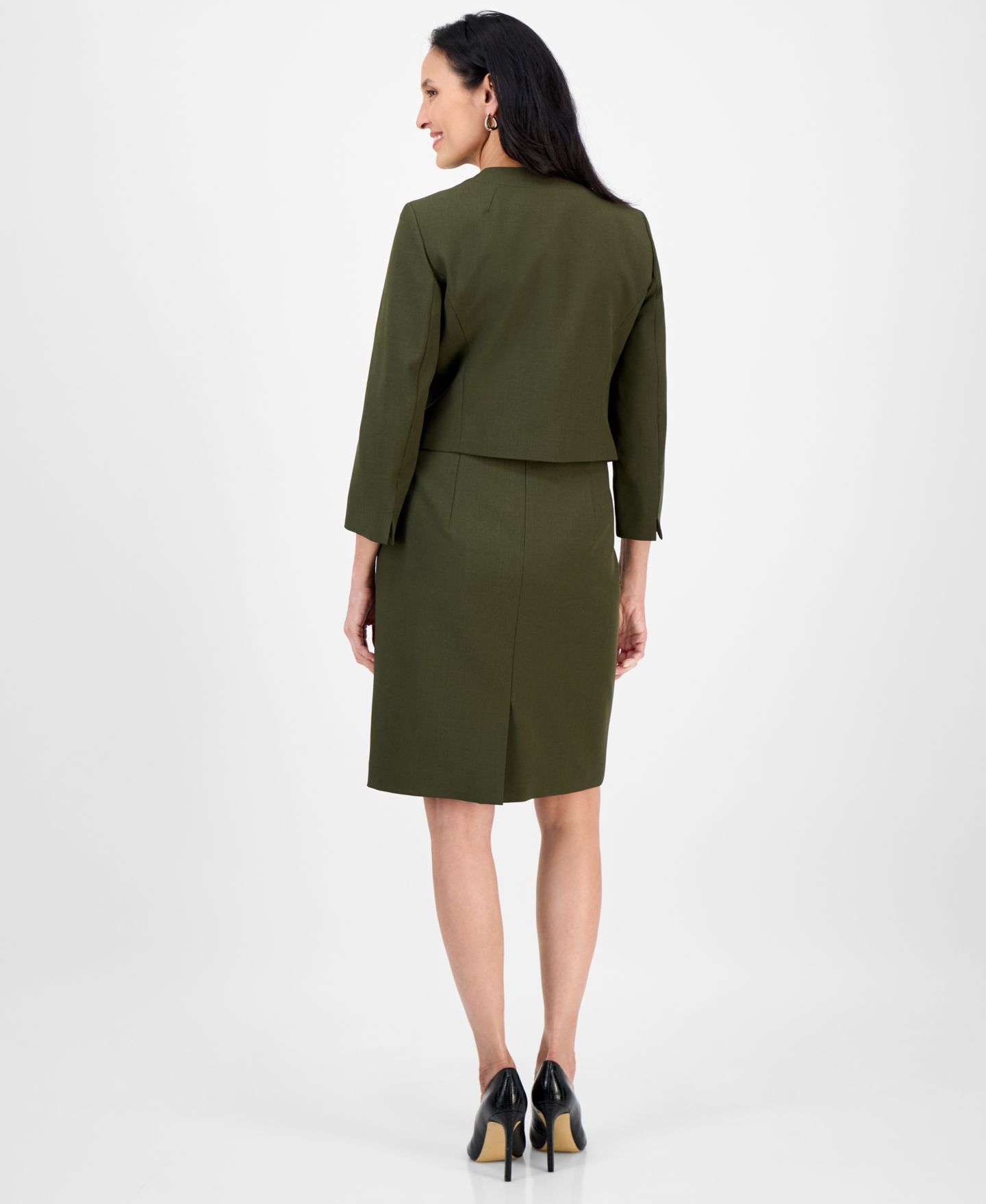 Женские платья Le Suit Open-Front Collarless Jacket and Sheath 2 Piece Dress Suit, цвет: Тёмно-зелёный — фото 2
