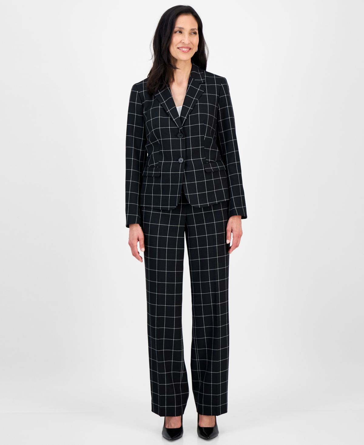 Women's Windowpane Check Notch Collar Pantsuit - Black/vanilla Ice