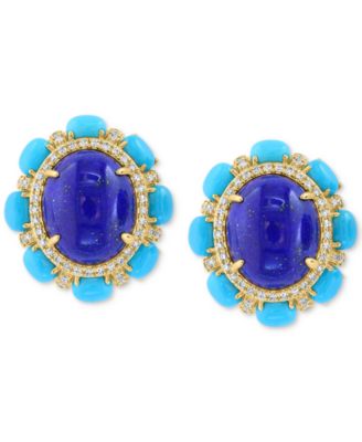 EFFY&reg; Lapis Lazuli, Sleeping Beauty Turquoise & Diamond (1/4 ct. t.w.) Halo Stud Earrings in 14k Gold