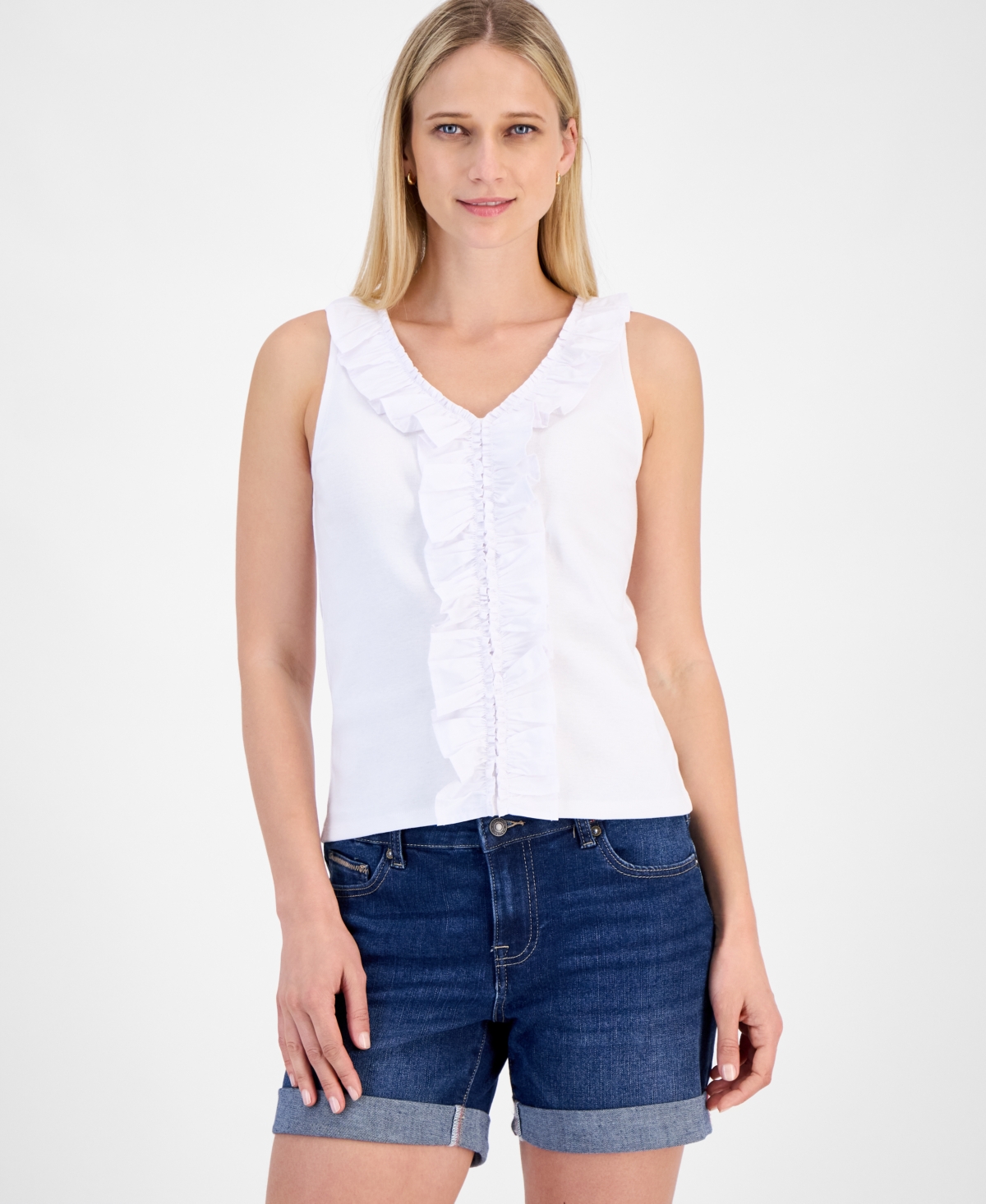 Nautica Jeans Women's Cotton Ruffled V-neck Tank Top In Bright White