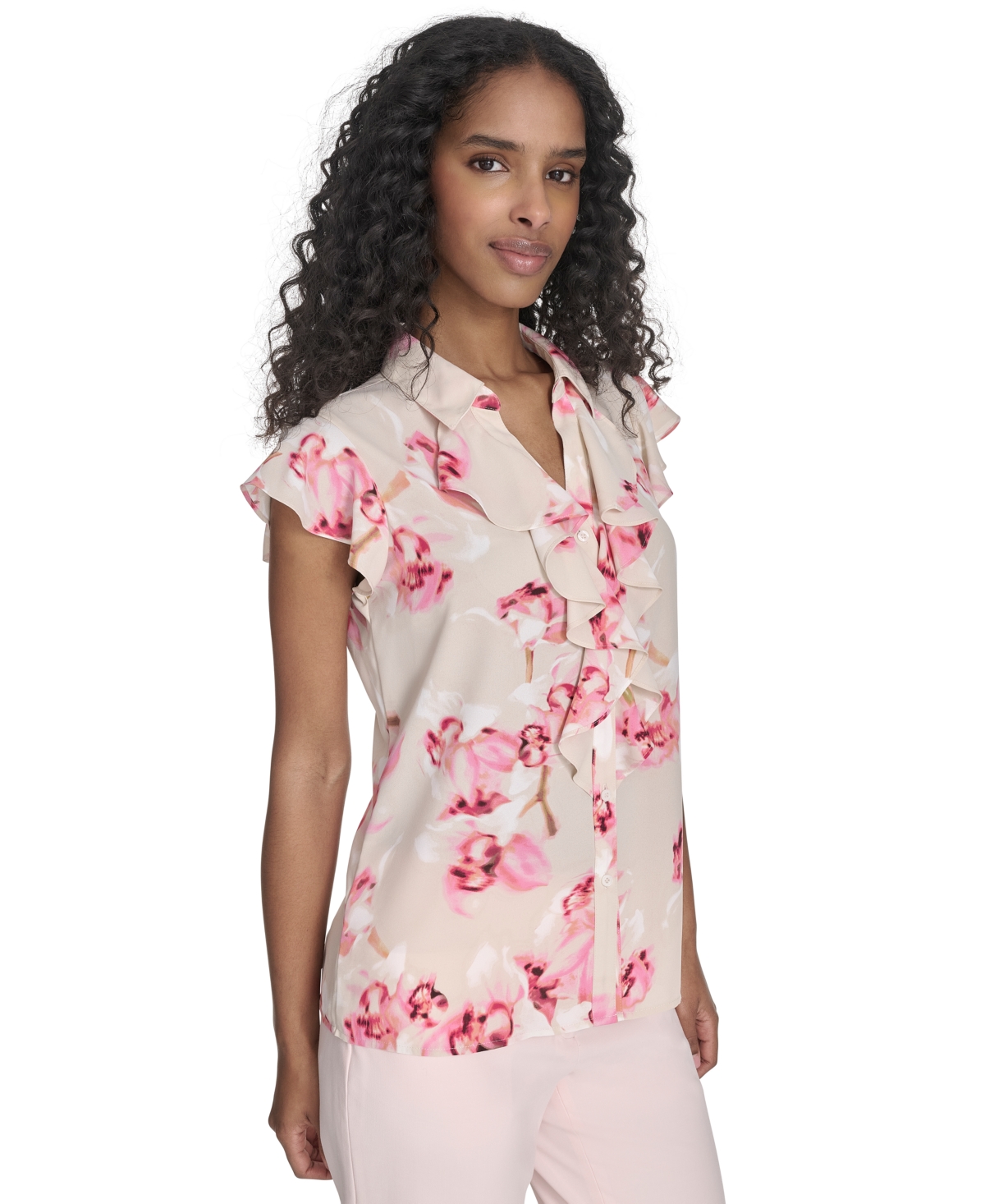 Shop Calvin Klein Petite Printed Ruffle-front Blouse In Soft Taupe Multi