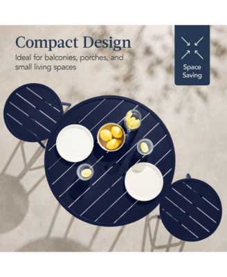 3-Piece Steel Patio Bar Height Round Bistro Set w/ Backless Stools, Slatted Design