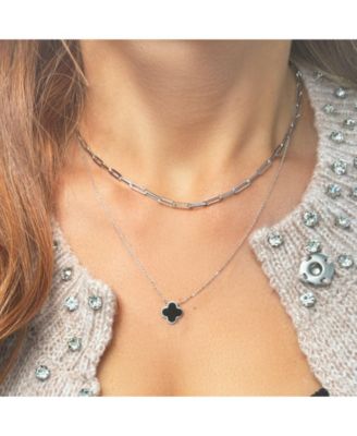 Small Onyx Single Clover Necklace 14K White Gold