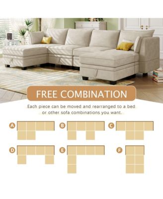 Modern Large 6 Pc. Linen Upholstered Wood Convertible Storage U-Shape Sectional Sofa Bed with Reversible Chaise