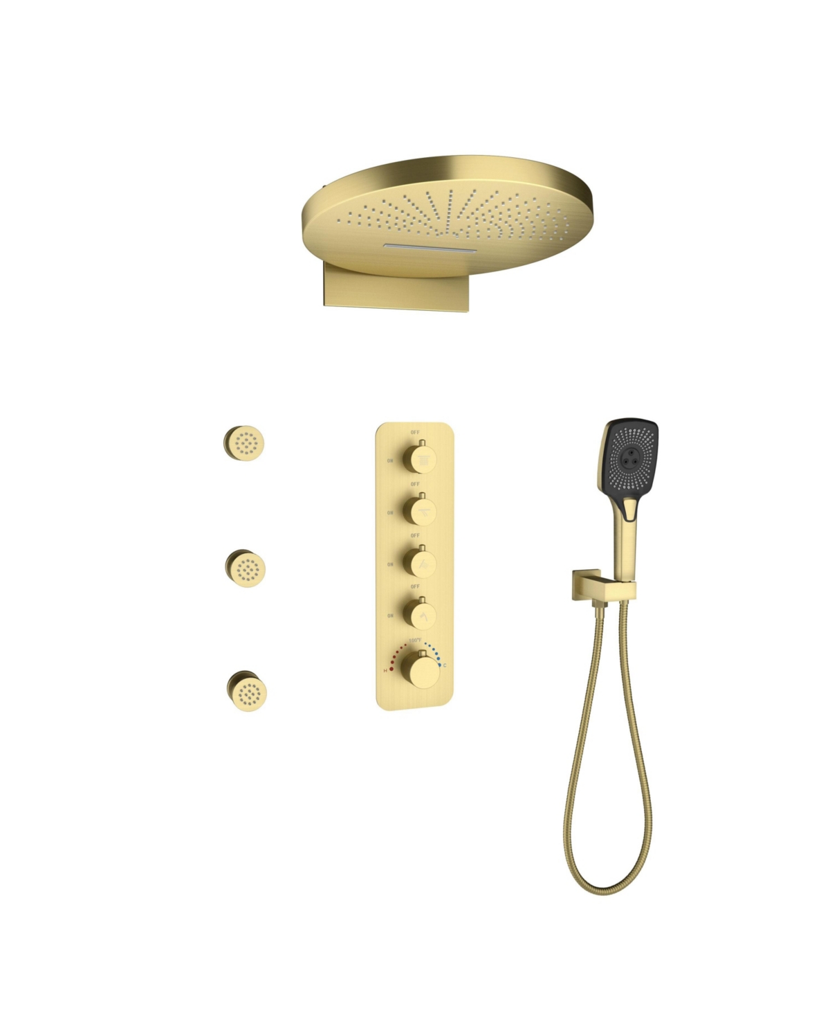 Two Functions 16 Inch Wall Mounted Thermostatic Shower System With Body Jets With 3-functions Handheld Shower - Brushed gold