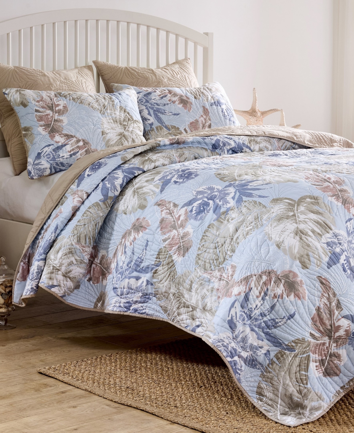 Greenland Home Fashions Tropics Coastal Palm 3 Piece Quilt Set, Full/queen In Mist