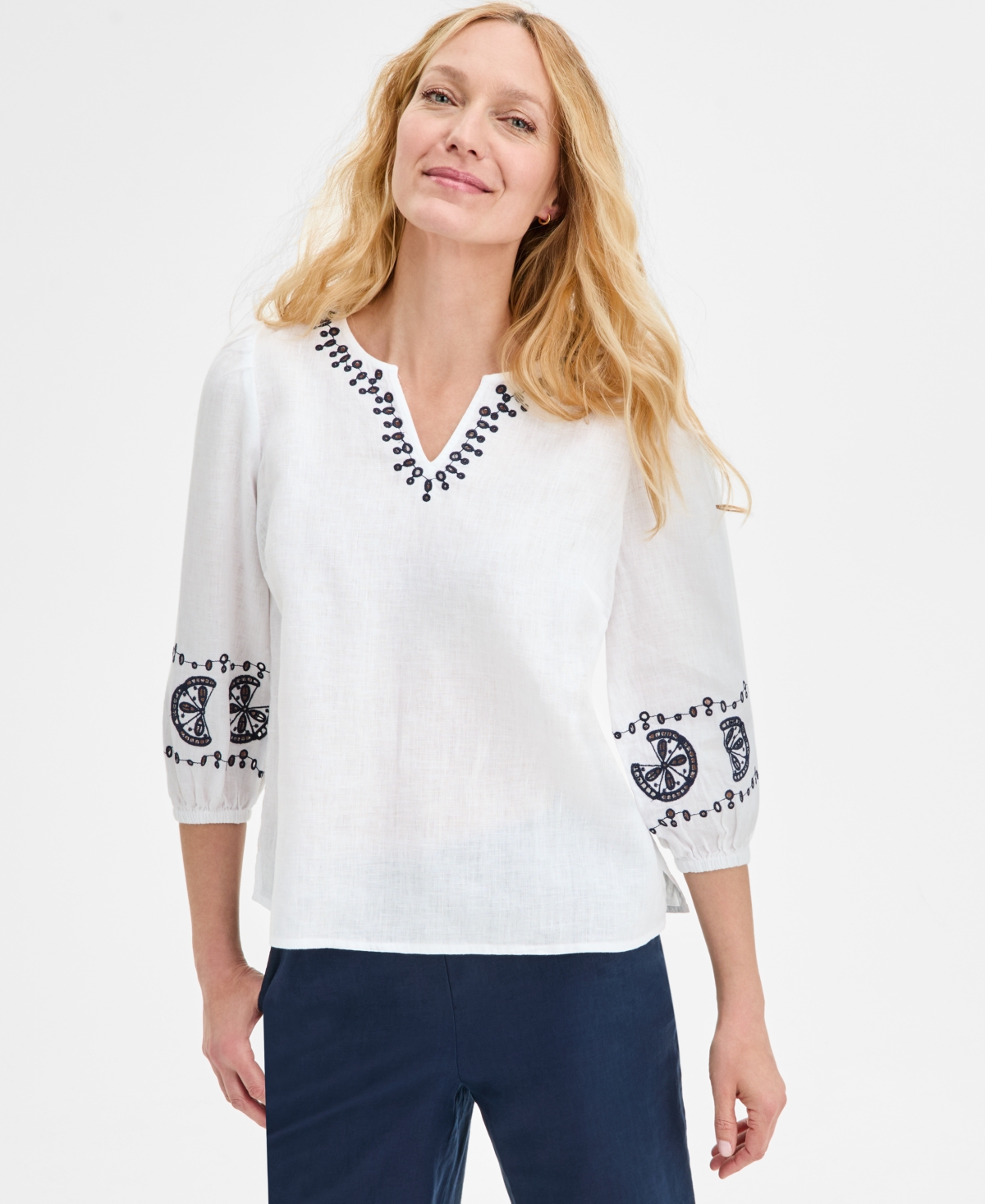 CHARTER CLUB WOMEN'S EMBROIDERED 100% LINEN TOP, EXCLUSIVELY AT MACY'S 