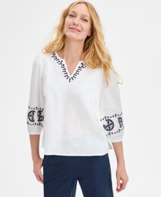 売れ筋商品|||チャータークラブ カットソー トップス レディース Petite Linen Printed Roll-Tab-Sleeve Blouse, Exclusively at Macy's Bright White Charter Club Petite Linen Eyelet-Embroidered 3/4-Sleeve Top