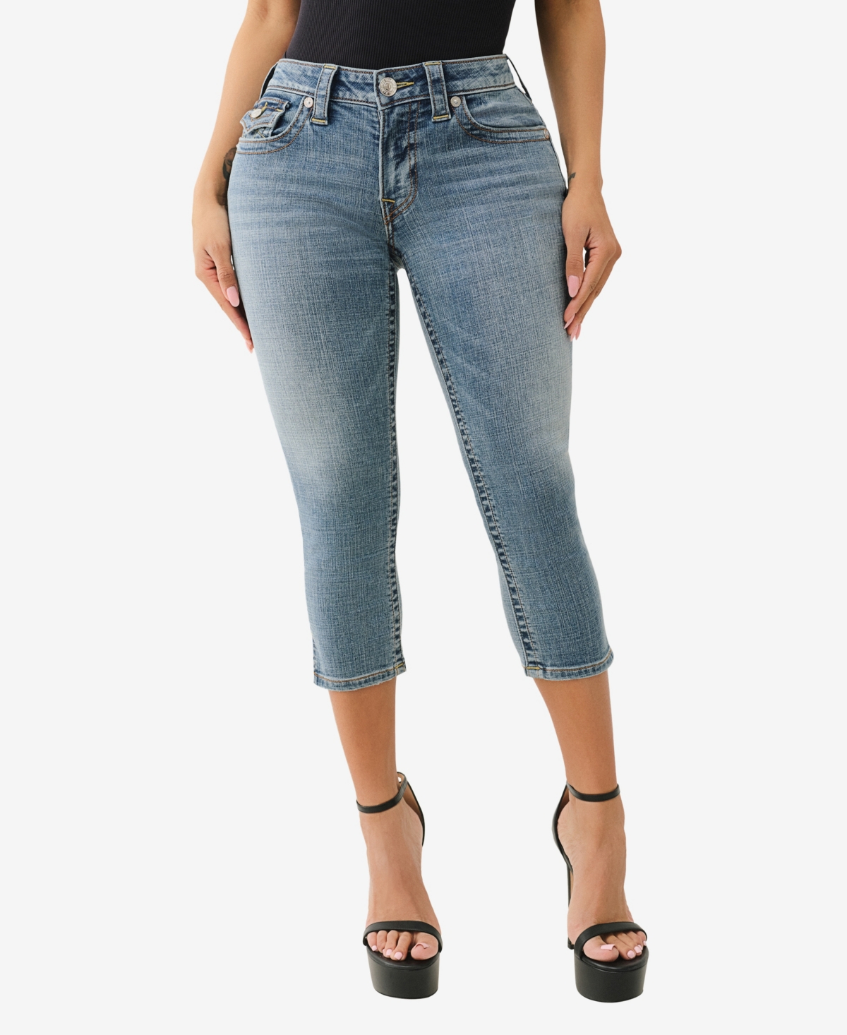 TRUE RELIGION WOMEN'S JENNIE MID RISE FLAP CAPRI JEANS 