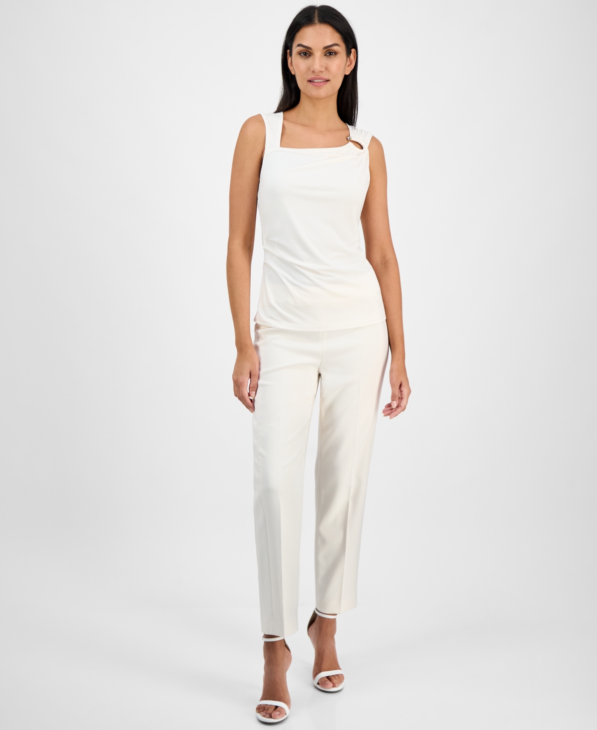 Anne Klein Asymmetric Ruched Tank In White Dove