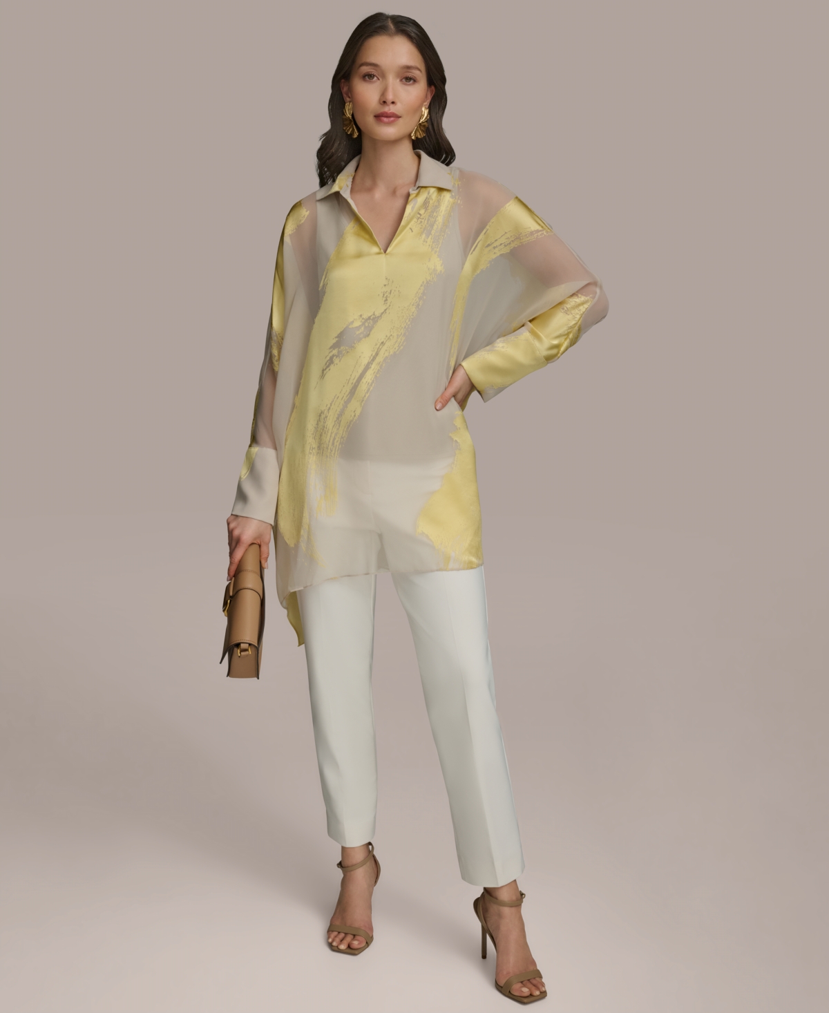 Donna Karan Womens Brushstroke Burnout Tunic Slim Leg Pants In Tuscan Grey,panna Cotta
