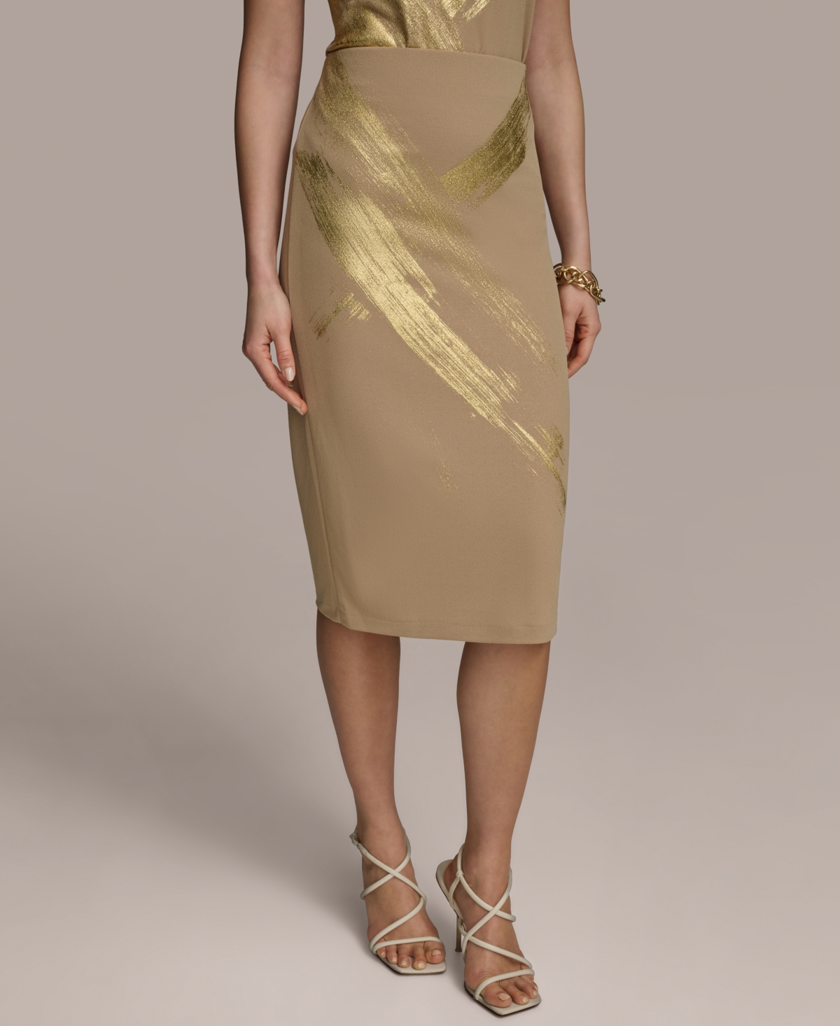Women's Brushstroke-Print Pencil Skirt - Hazelnut/gold