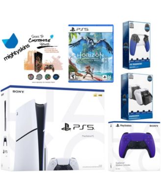 Playstation 5 Slim Disc Bundle with Horizon Forbidden West, Extra Controller, Trigger Stop Kit, Dual Charge Dock and MightySkins Decal Voucher