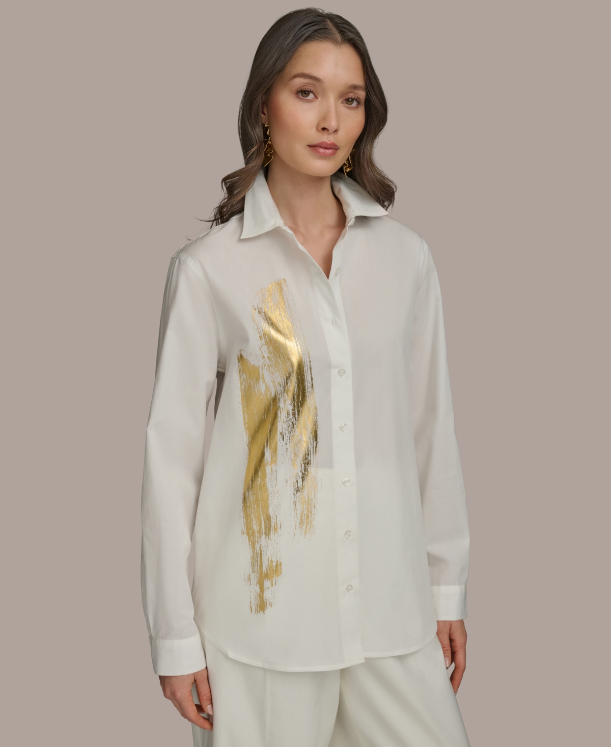 Women's Metallic Brushstroke Button Down Shirt - Cream/gold