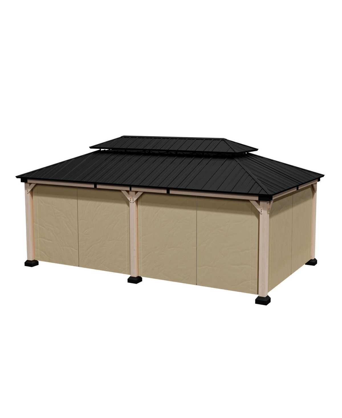 12 x 20 Feet Cedar Solid Wood Frame, Galvanized Steel Double Top Gazebo, Equipped with 4 Waterproof Curtains - Brown+black