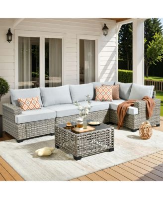 Outdoor Patio Furniture Set,6 Pieces Rattan Sectional Patio Furniture Set,Outside Coversation Set with Extra Deep Outdoor Sofa Couch and Solar Coffee Table for Porch Balcony Backyard Deck Poolside