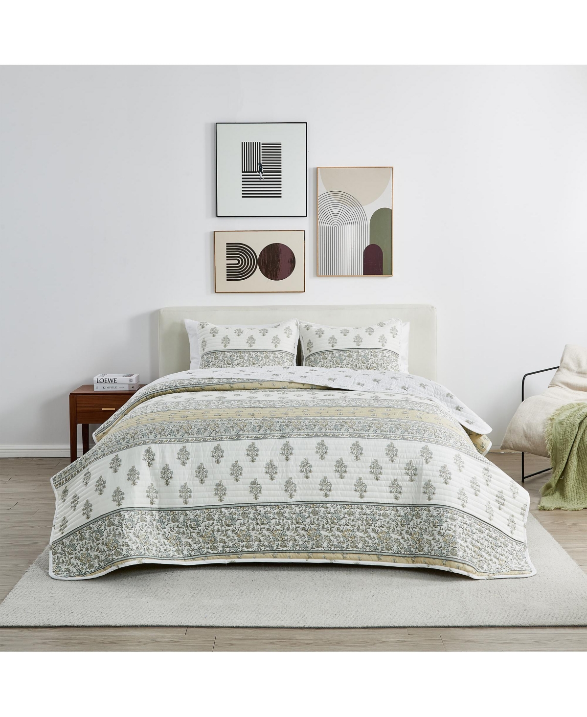 Linery & Co. Floral Stripe Printed Reversible Stitched Quilt Set with Shams