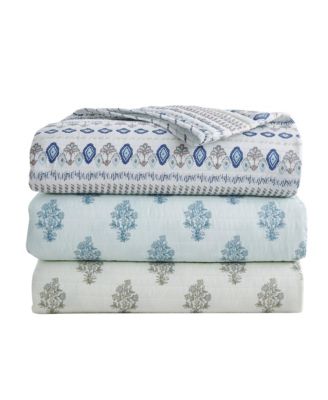 Floral Stripe Printed Reversible Stitched Quilt Set with Shams