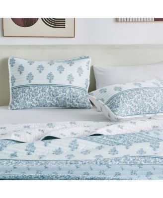 Floral Stripe Printed Reversible Stitched Quilt Set with Shams
