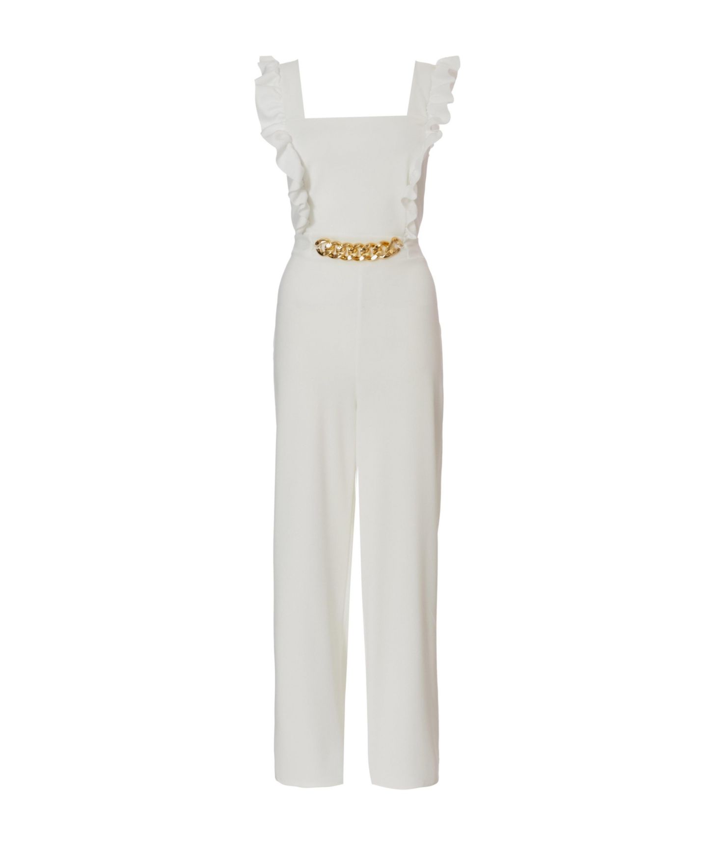 Женский комбинезон QUIZ Scuba Crepe Frill Chain Front Jumpsuit - Black, цвет: Белый — фото 4
