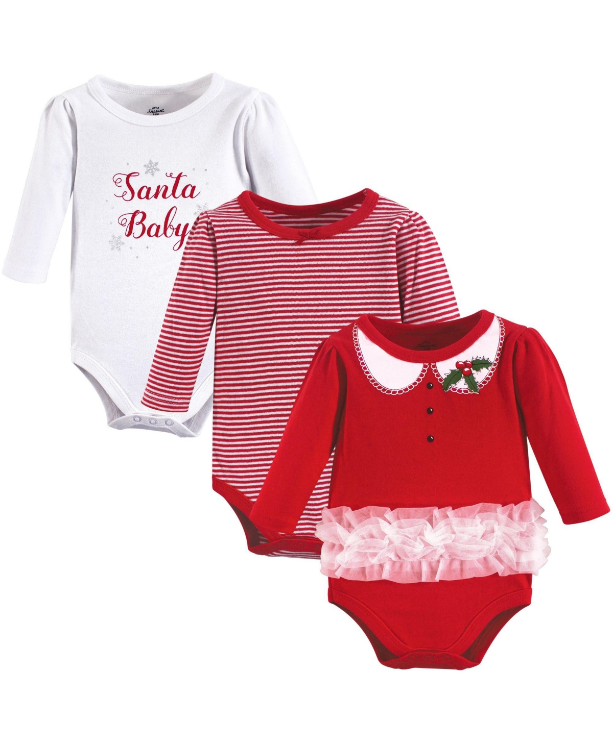 Little Treasure Baby Girls Treasure Cotton Long-Sleeve Bodysuits 3pk, Christmas Suspenders, Months - Santa baby
