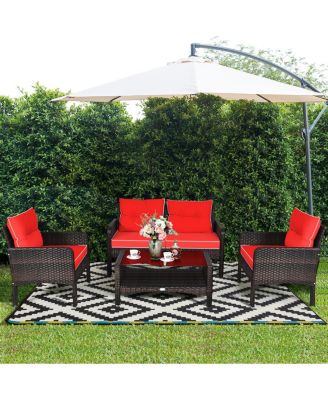 4PCS Patio Rattan Furniture Set Loveseat Sofa Coffee Table Garden W/Red Cushion